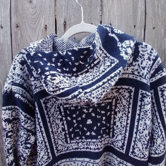 Andthewhy size S/M hooded knit open front cardigan blue white jacquard - Picture 8 of 8